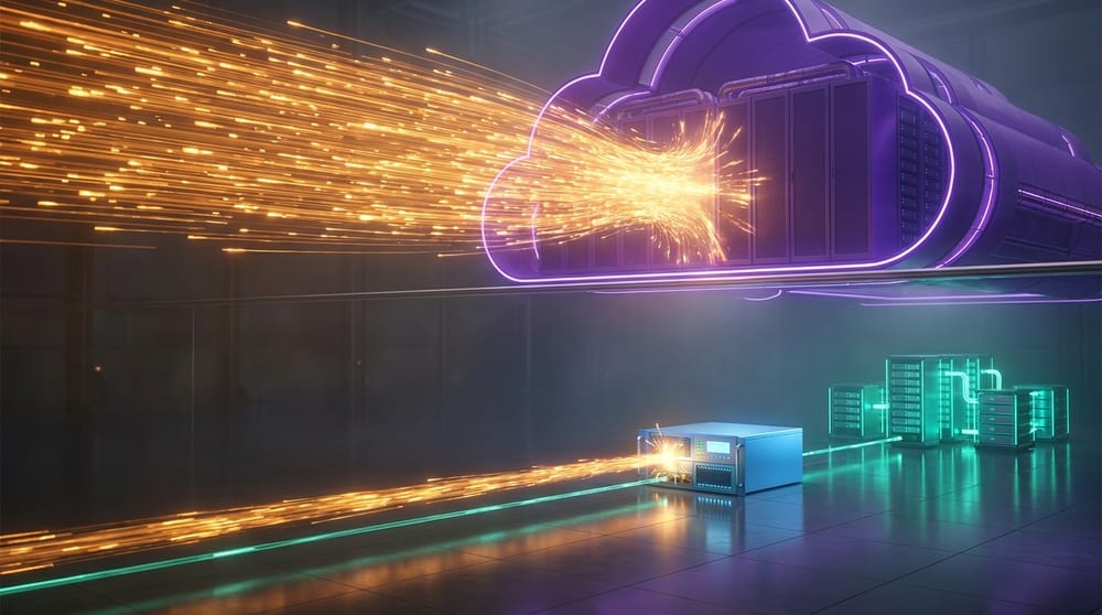 A flood of attack traffic divided by a horizontal line: the great mass above it is absorbed by a vast cloud tier overhead, while the remainder below the line is stopped by a single small appliance standing next to the servers it protects.
