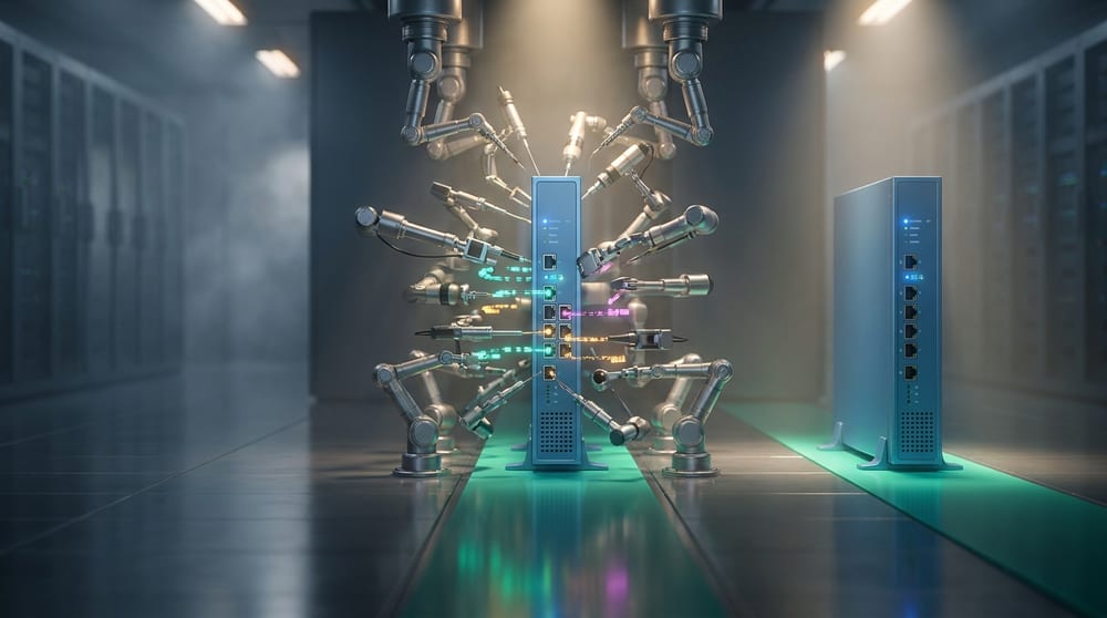 Two identical appliances, one crowded by many articulated arms constantly adjusting it and the other standing untouched on bare floor: the difference is what the detection model asks of the operator.