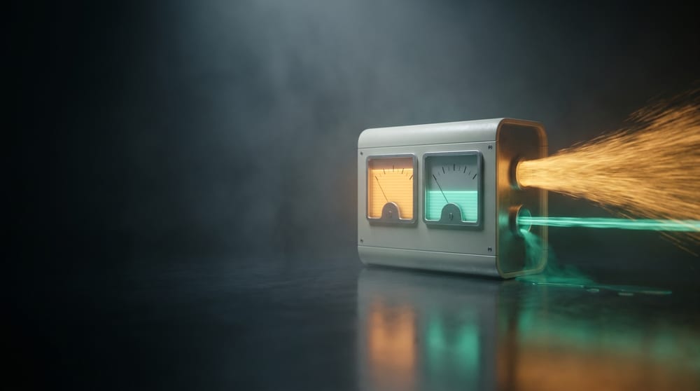 A single device with two gauges side by side: the left one full of amber, the right one only partly filled with teal-green, and teal-green light visibly spilling out of the device's side and pooling on the floor.