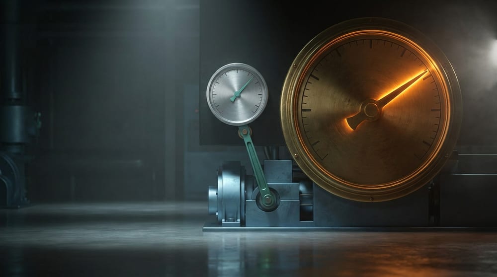 A huge ornate brass dial glowing amber with its needle swung far over and nothing attached behind it, beside a much smaller plain dial whose teal-green needle sits on the one linkage actually running down into the machinery.
