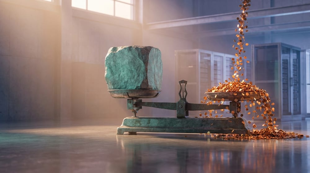 A balance scale carrying one large teal-green stone block on the left pan while a continuous stream of amber coins pours onto the right pan, which has already tipped it low.