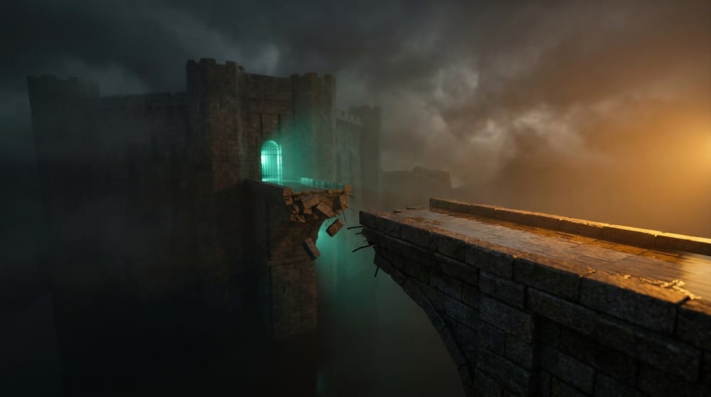 A stone causeway ending in a blunt break with a wide gap of open air between it and a walled fortress, amber light washing the causeway and stopping dead at the edge, teal-green light spilling from a single gated opening across the void.