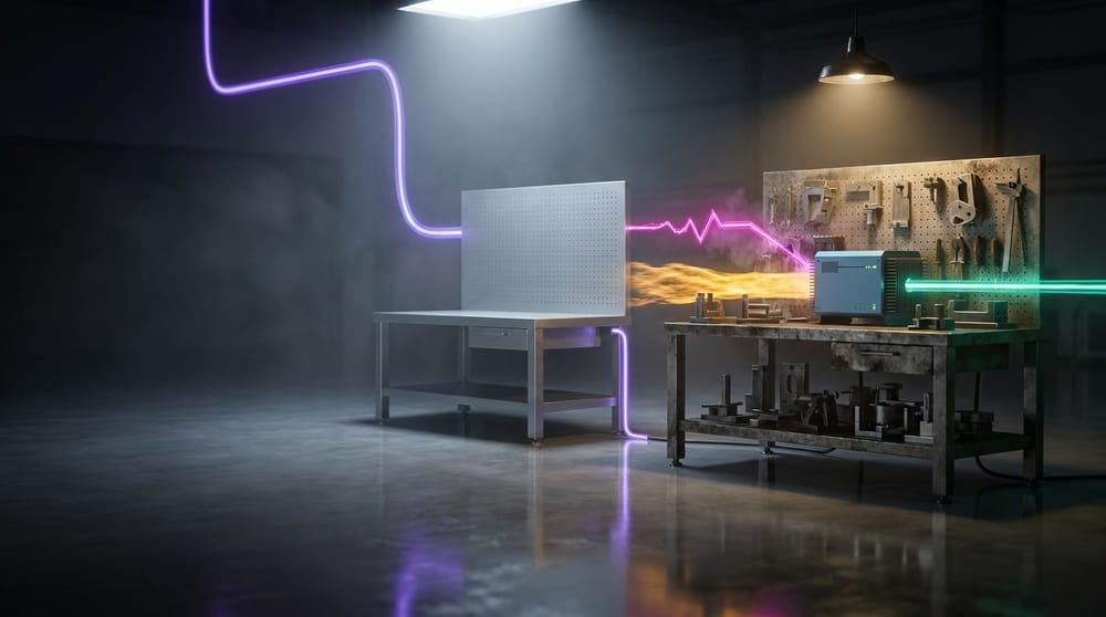 Two identical workbenches: the near one deeply worn and surrounded by an accumulation of purpose-built tooling, the far one pristine and bare, with a conduit carrying the work away from it toward somewhere outside the frame.