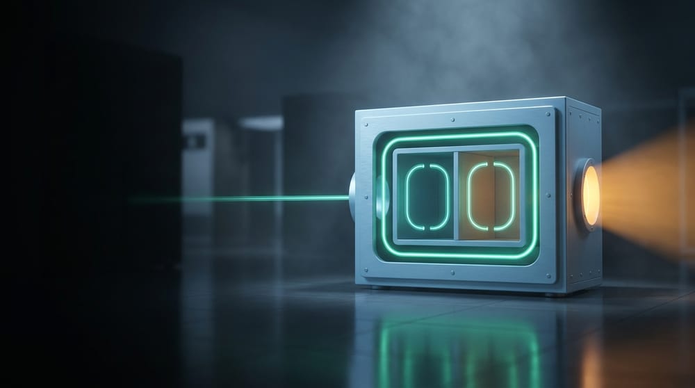 A sealed chamber with amber entering one side and a teal-green thread leaving the other, a closed teal-green loop circulating entirely within its walls, two smaller partitioned loops side by side inside it, and no cable or conduit leaving it in any direction.