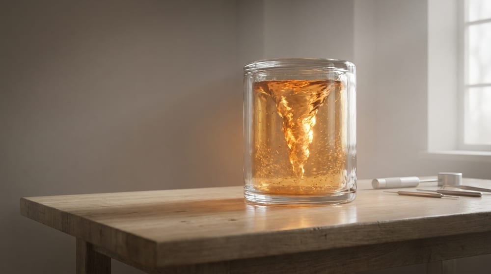 A sealed glass vessel on a plain workbench with a violent amber vortex churning entirely inside it, the surrounding room still and quiet.