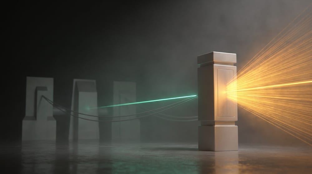 One compact pale gatepost in sharp focus taking a broad amber flood head-on and reducing it to a thin teal-green thread, with three much larger structures standing unlit and hazy behind it, joined to the post only by two slender filaments.