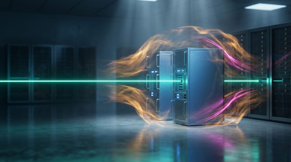 A narrow illuminated causeway carrying a steady teal-green flow between two secure enclosures, with amber pressure building against its outer wall and none of it crossing.