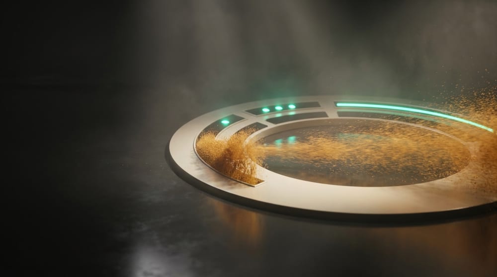 A shallow pale dial cut into three arcs of increasing length under an amber flood: above the shortest arc one teal-green marker is lit, above the middle arc three, and along the longest arc a continuous line of teal-green light.