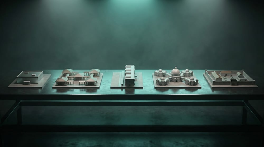 Five small architectural scale models of different building layouts standing in a row on one long workbench under even teal-green light, each complete and distinct from the others.