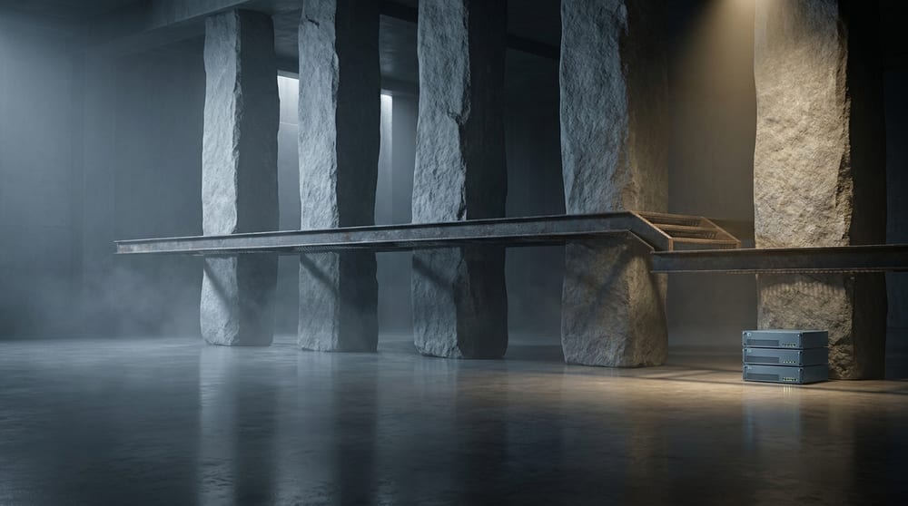 One platform carried by five supports: four massive stone pillars and, at the far end, a short slender stack of rack units — the only one you can buy, and the smallest of the five.