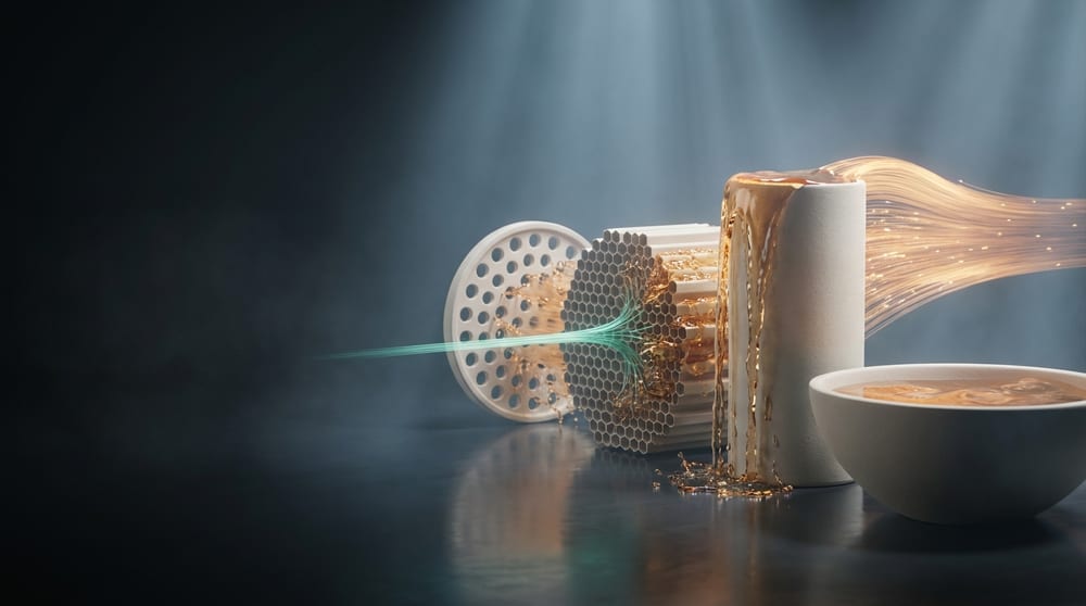 Four differently shaped pale vessels meeting the same amber flood: a wide basin holds it calmly, a honeycomb block passes a teal-green thread through, a sieve plate lets most of it through, and the tall narrow cylinder is overflowing badly down its side.