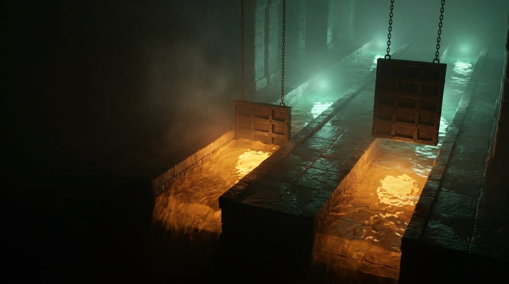 Two parallel stone water channels: in one a gate is lowered into the amber flow and the water piles against it, in the other an identical gate hangs raised on chains while the water runs freely beneath.