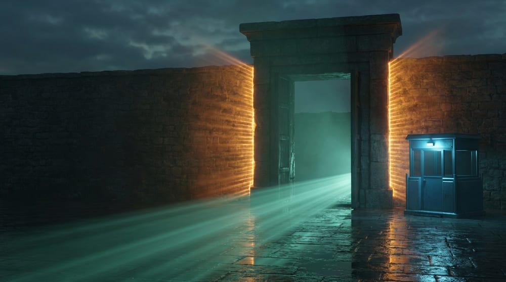 A wide stone gateway standing open with no doors, a broad teal-green flow passing through it, amber light pressing against the wall on both sides without entering, and a small watch post set back beside the opening.
