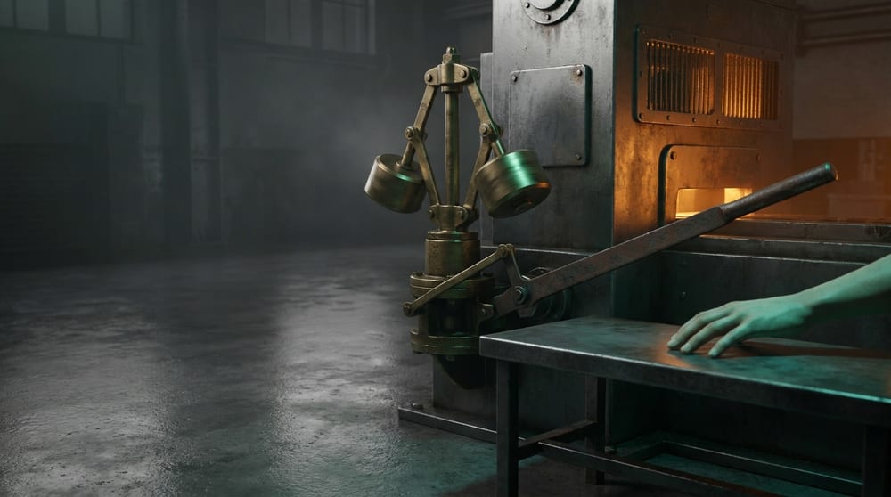 A brass mechanical governor with spinning weights driving a long iron lever on its own beside an amber-lit machine, while a human hand rests on the bench close by under teal-green light without touching it.