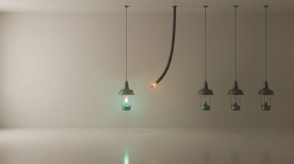 A row of pendant lamps on a shared overhead supply line that has been cleanly severed, an amber spark at the cut end; the lamps past the break hang dark, while one lamp with its own reservoir still burns teal-green.