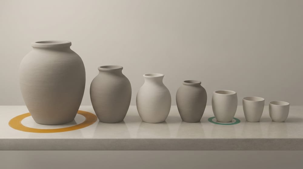 A row of vessels descending in size from left to right, a wide amber ring drawn around the largest one at the far left, and a much smaller teal-green ring around a modest vessel near the right-hand end.