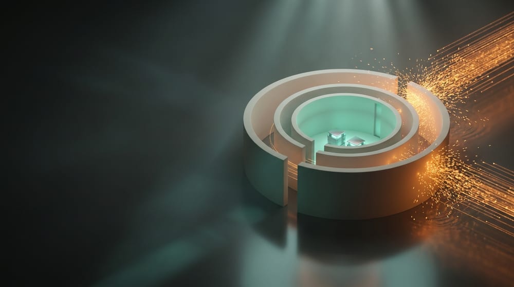 A structure ringed by three concentric walls: most of an incoming amber spray dies on the outer wall, the remainder on the second; the innermost courtyard sits calm under steady teal-green light.