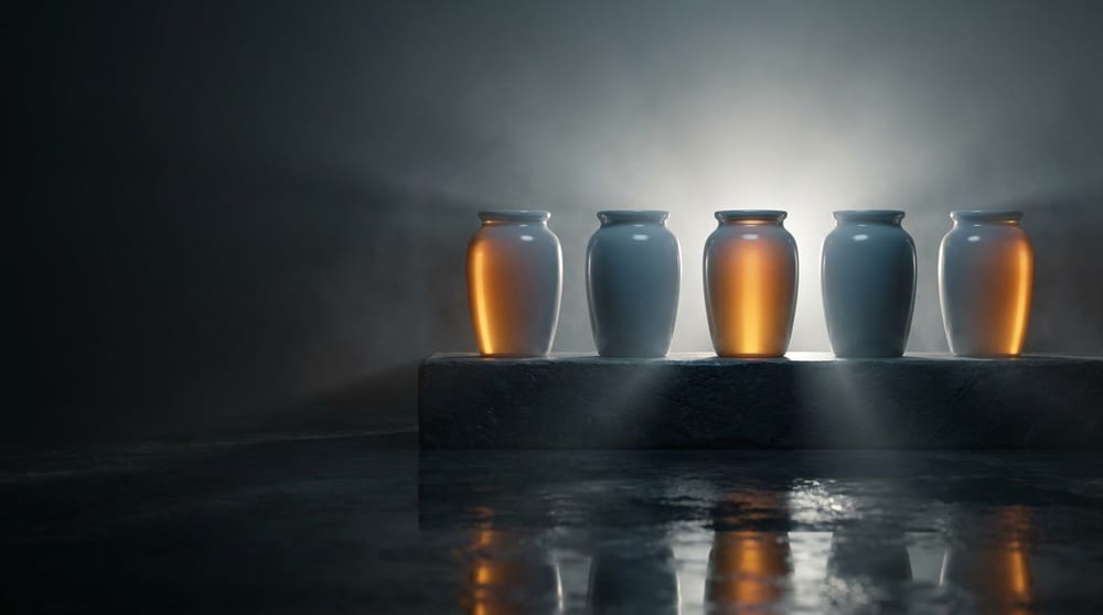 Five identical jars on a stone ledge lit from behind: three glow amber and are evidently full, two stay dark and empty, though all five are the same shape from the front.