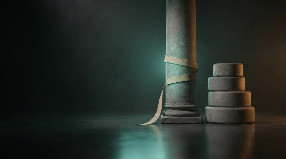 A stone column with a measuring tape wrapped twice around it under teal-green light, and beside it a stack of four ready-made stone rings of different diameters sitting unused in amber light.