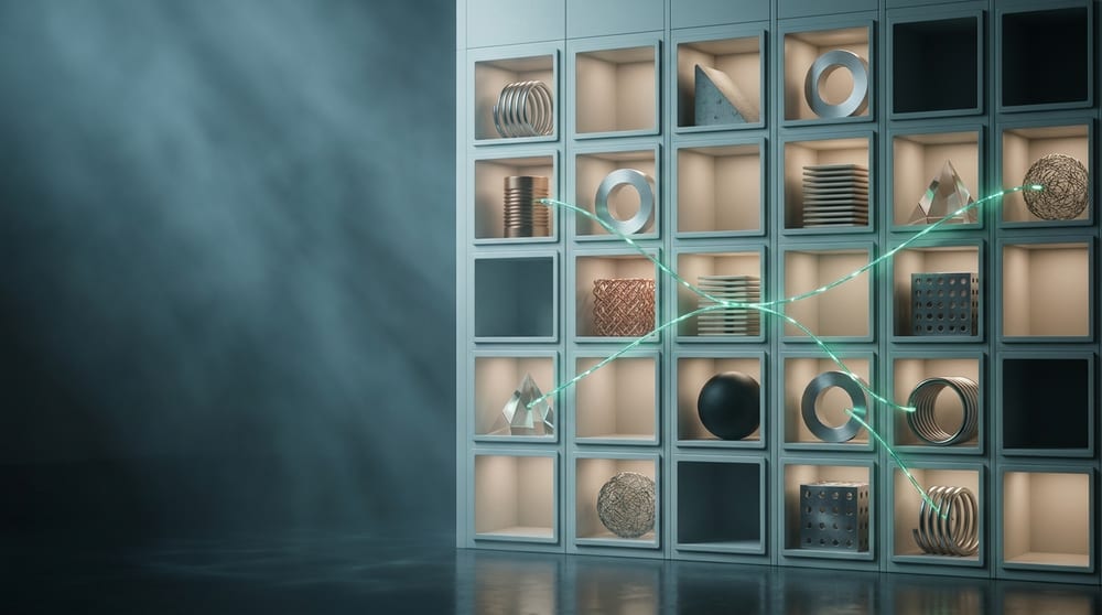 A wall of small open compartments, each holding one distinct object and no two alike, with several compartments deliberately empty; three of the objects are joined to each other by thin teal-green threads.