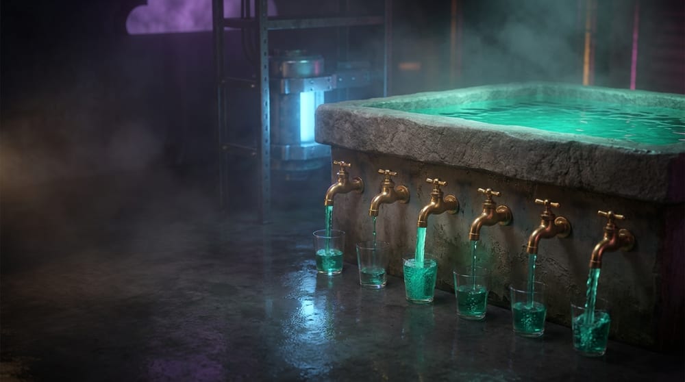 A single raised stone cistern of teal-green water feeding six brass taps beneath it, each running at a different rate into its own small vessel.