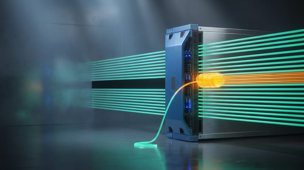A bundle of parallel green streams passing through one appliance; a flood wrapped around a single stream stops at the appliance, and that stream is pulled downward out of the bundle and left ending on the floor, leaving an empty slot in the bundle that continues beyond.