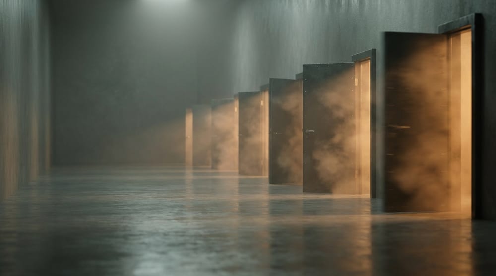 A corridor of identical doors caught mid-swing, opened and slammed shut again with amber light bursting briefly from each gap, while the corridor floor stays completely empty.