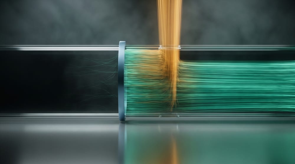 A transparent duct carrying a green flow that leaves a narrow band of headroom under its ceiling; an amber column enters from above, the headroom disappears, and beyond that point the duct runs dark and empty.
