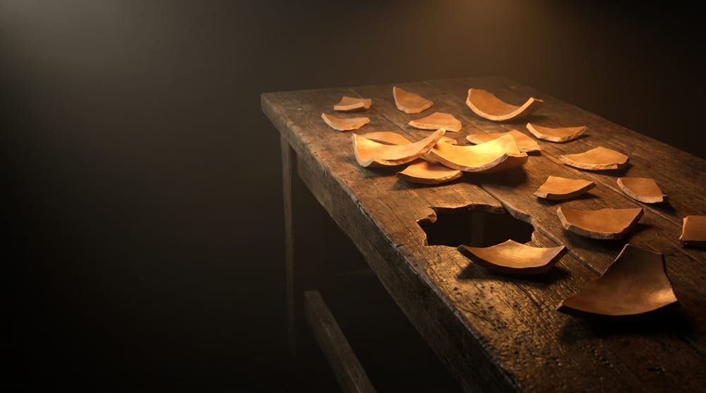 A bare wooden workbench spread with the amber shards of one broken vessel, laid out as if to be reassembled but overlapping wrongly and leaving obvious gaps, with no complete vessel anywhere.