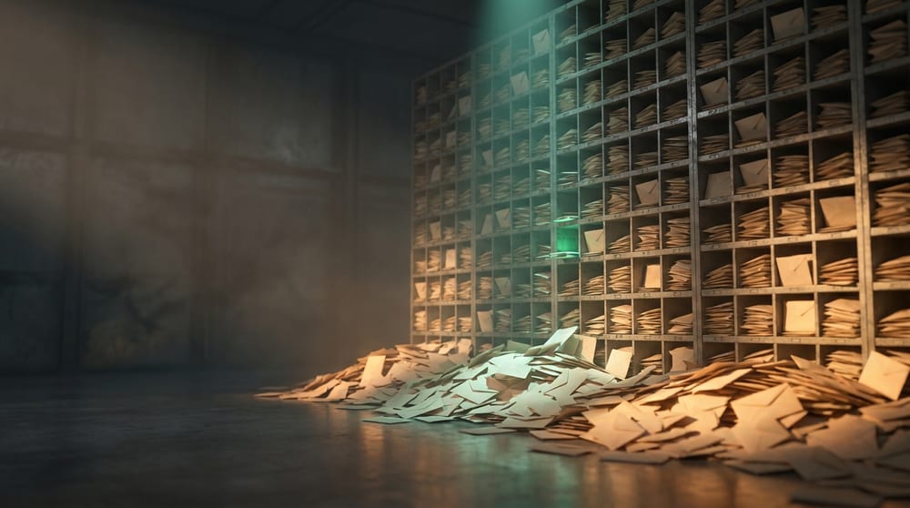 A wall of pigeonhole slots with every slot already full and a heap of unfiled envelopes spilling across the floor, one slot still lit teal-green.