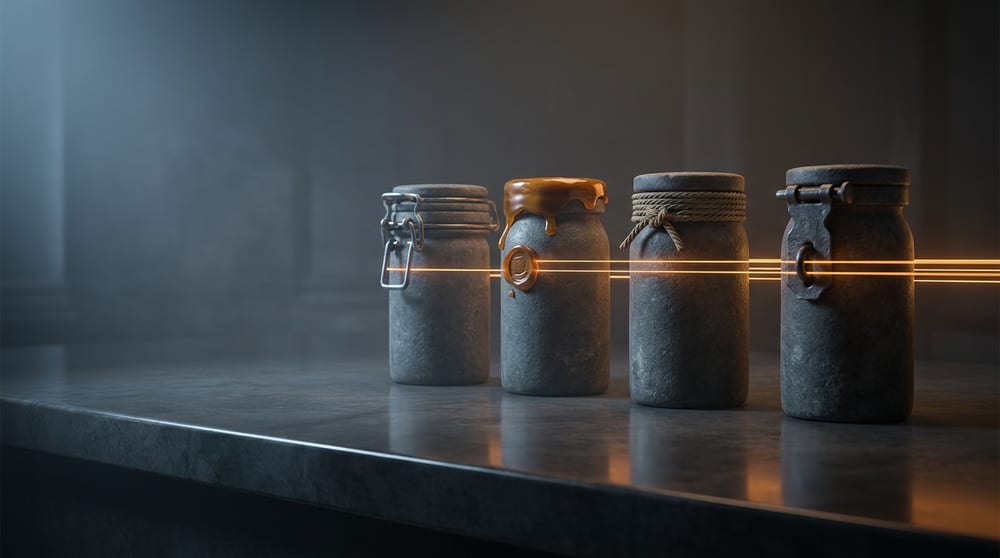 Four identical stone jars in a row, each closed differently — a hinged clasp, a poured wax seal, a tied cord band and a hasp with a pin — with four separate amber threads running from the closures off to one side.