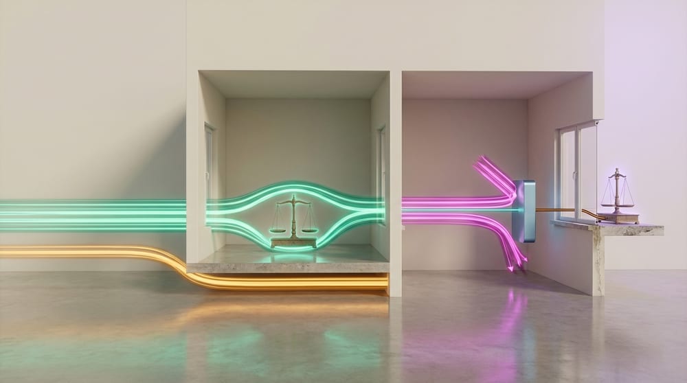 Two adjacent rooms in cutaway: in the left one a balance scale stands inside the walls with teal-green light flowing around it, in the right one the balance sits outside the window on a ledge, joined to the room by a single thin line.