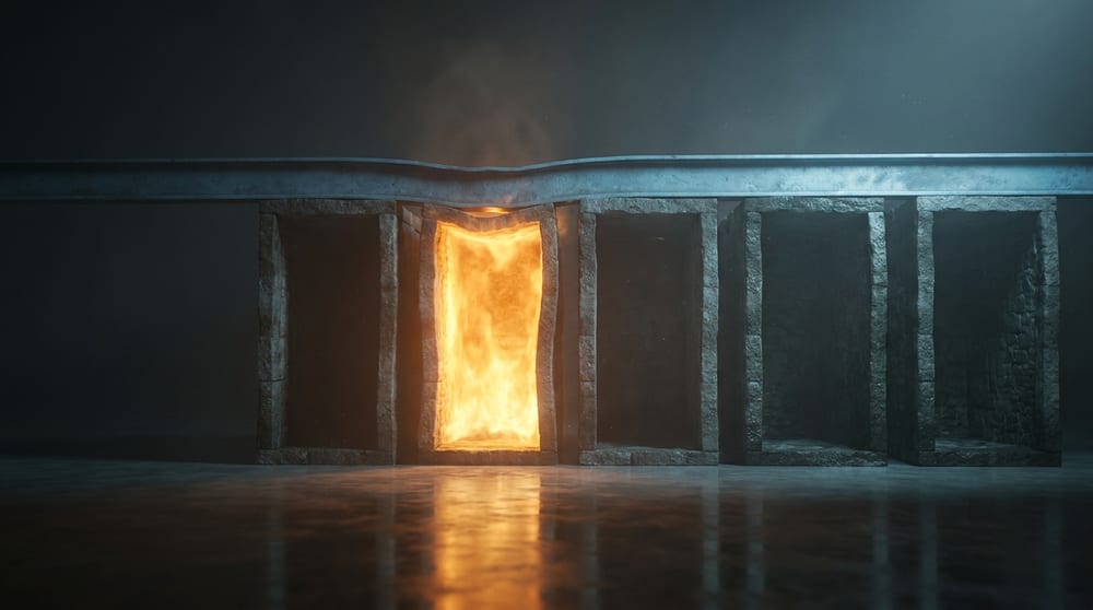 Five separate stone chambers side by side beneath one long shared roof beam, amber fire filling a single chamber while the beam visibly sags across all the others.