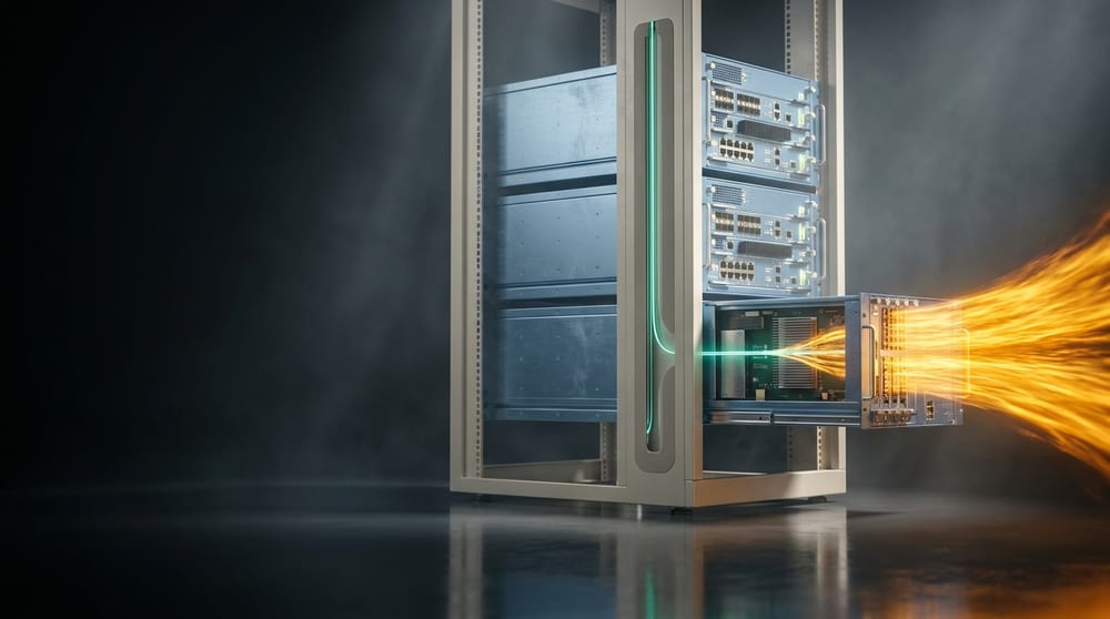 A rack frame already holding modules of one family, with a fourth module of the same family sliding into the last empty slot; an amber flood meets it and leaves as a teal-green thread that joins the single spine running down the frame.