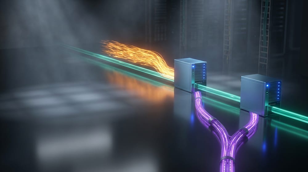 Two appliances in series that look independent above the floor, revealed beneath it to be fed by a single shared root: redundancy with one failure cause.