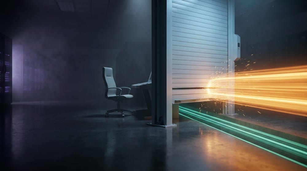 A shutter caught mid-fall, already cutting an amber flood with no hand or operator anywhere near it, a teal-green thread still passing through the gap left at its base, and an empty unlit operator's chair standing to one side.