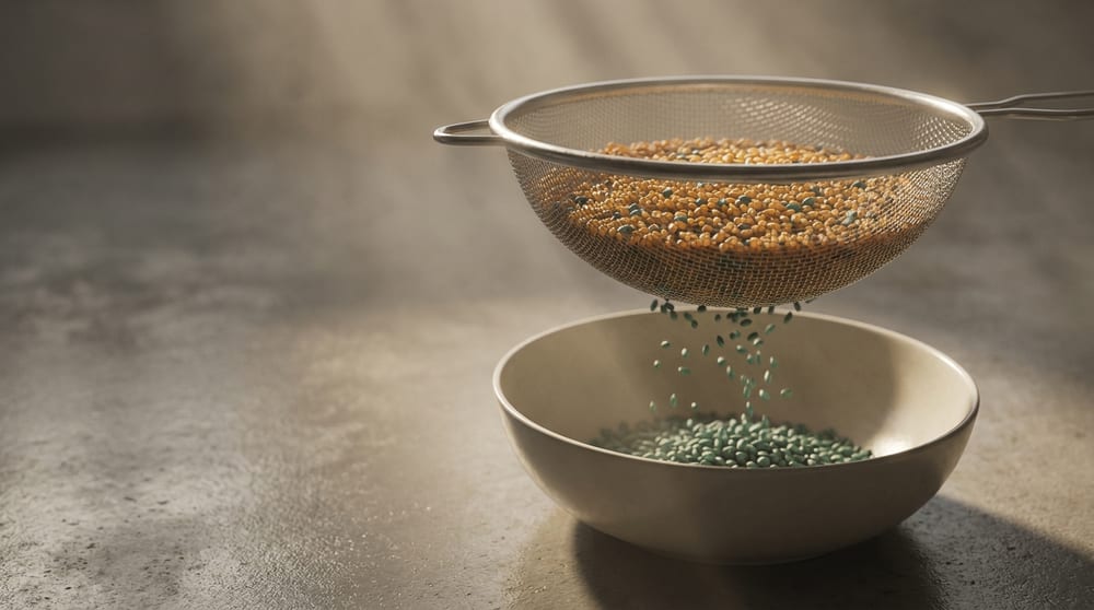 A fine sieve held over a bowl: amber grains fill the mesh as intended, teal-green grains are caught among them, and only a thin scattering of teal-green reaches the bowl below.