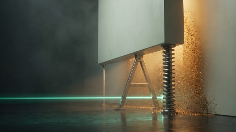 A heavy pale gate held open by three visibly different props — a straight rod, an A-brace and a coiled spring column — with one bounded teal-green beam passing beneath it while amber piles up against an unbroken wall to the right.