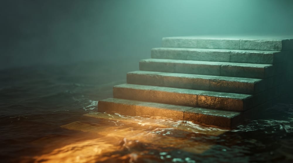 Six broad stone steps rising out of dark amber water into clear teal-green light, the lowest submerged and wet, the highest dry and evenly lit.