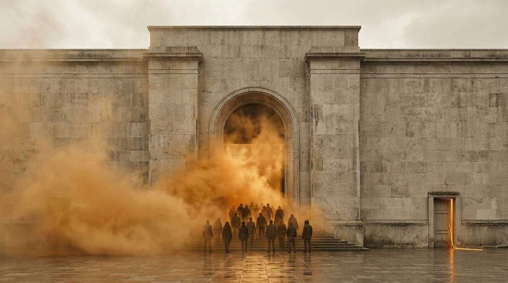 A dense amber plume pouring across the main entrance of a stone building with every figure on the steps turned toward it, while a thin amber thread slips through a small unattended side door at the far right.