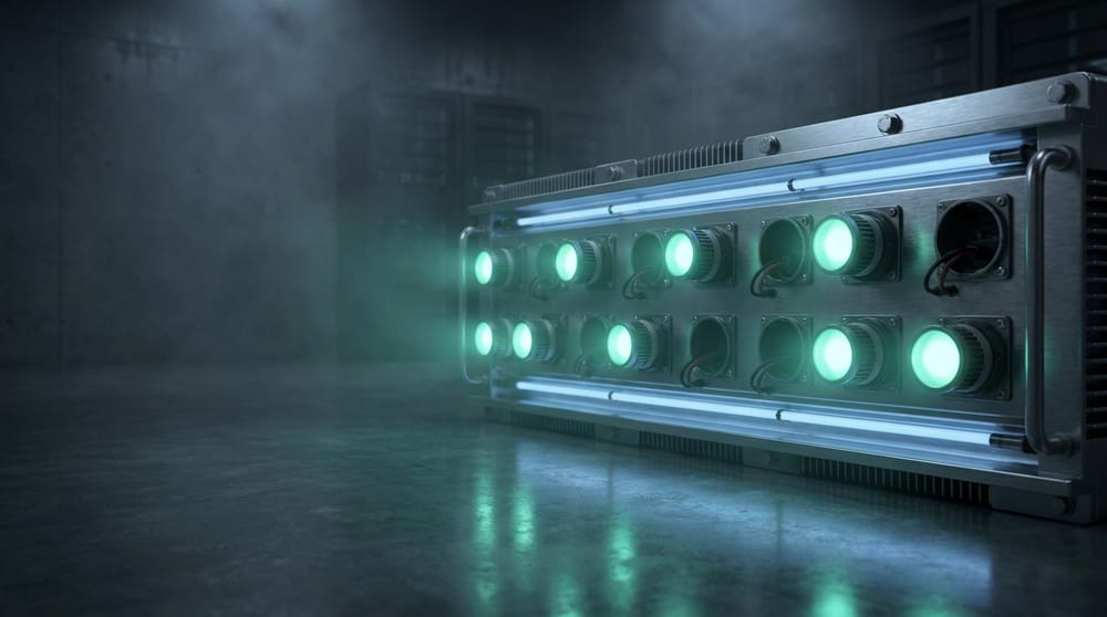 A metal fixture carrying two rows of identical sockets, most holding lamps that burn steadily teal-green while several sockets stand conspicuously empty and dark among them.