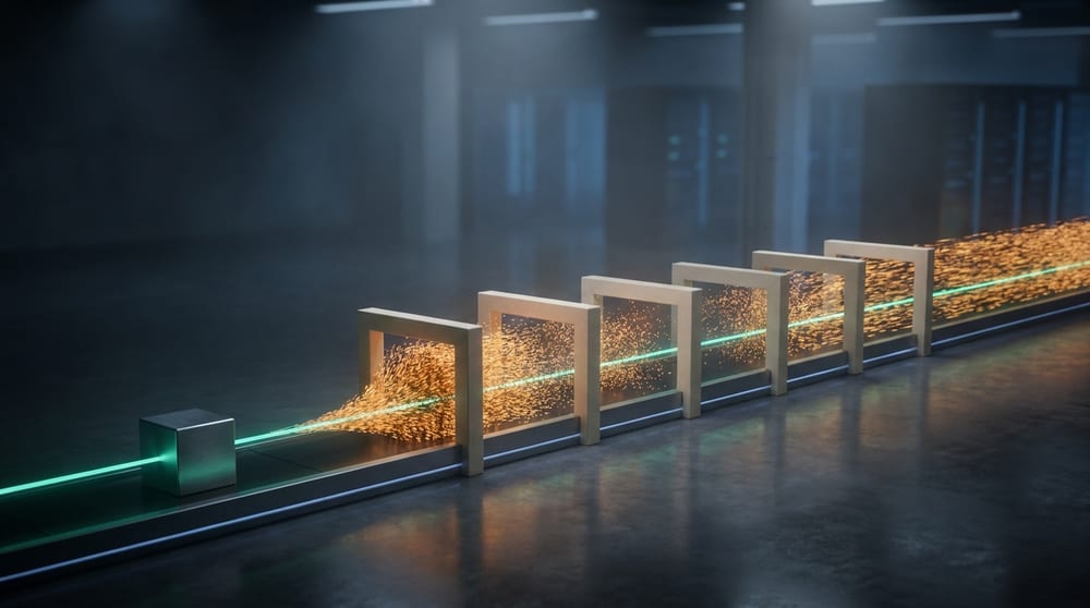 One flow travelling through six gateposts in a line: the amber attack share is thinner at every post, while a teal-green thread of legitimate traffic keeps exactly the same width from the first post to the last and reaches the server block at the end.