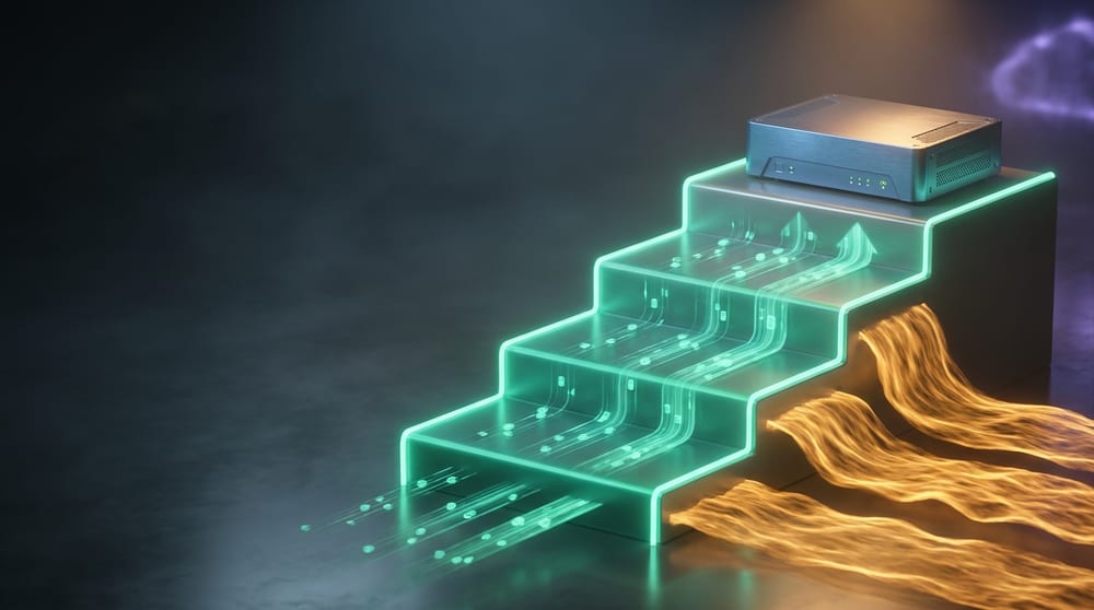 Four ascending steps, the first three formed of light alone and turning attack traffic aside at no capital cost, with a single appliance appearing only on the topmost step.