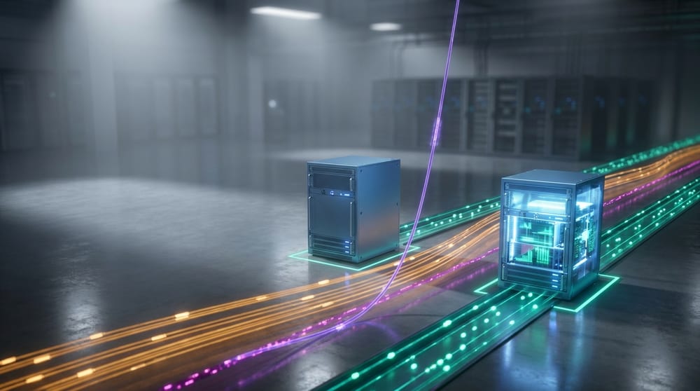 Two appliances side by side: one dim and tethered to something far outside the frame, the other glowing from within with the analysis visibly happening inside its own chassis.