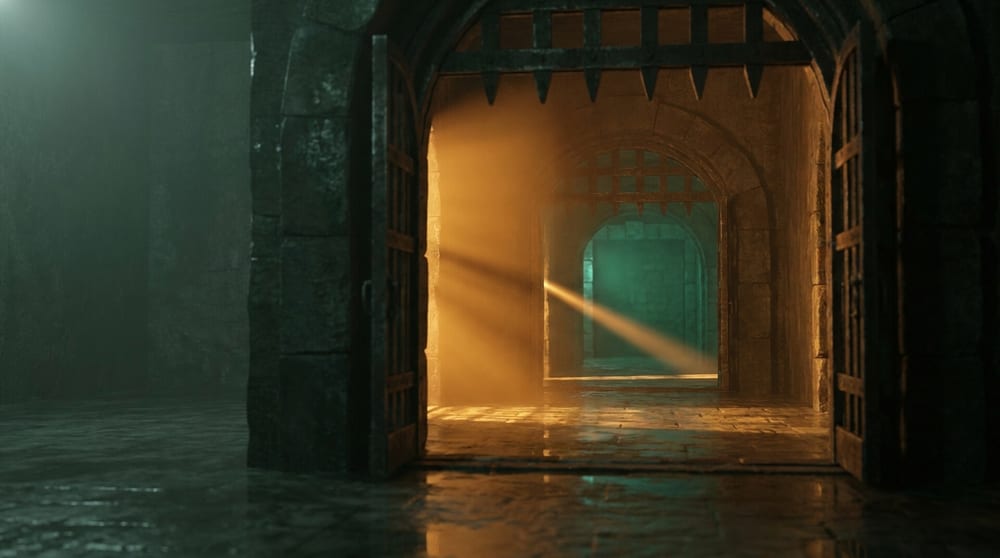 Three gates set one behind another at increasing depth in a stone passage, each narrower than the last, amber light flooding the outermost and only a thin thread reaching the teal-green chamber beyond the innermost.