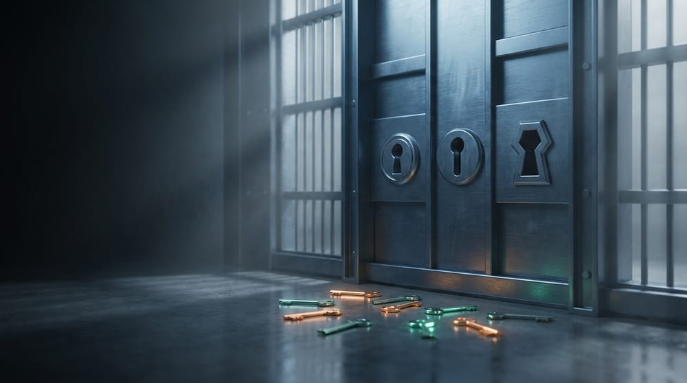 Three keyholes of three different shapes set side by side in one heavy metal door, with amber and teal-green keys scattered on the floor below, most of them matching none of the three.