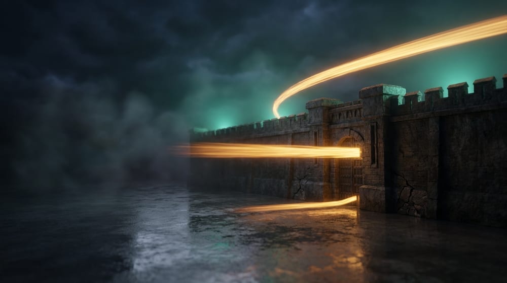 A single stone wall approached at once by three separate amber flows — one arcing over the top, one driving straight through the gate, one running along the ground beneath — with a steady teal-green glow behind the wall.