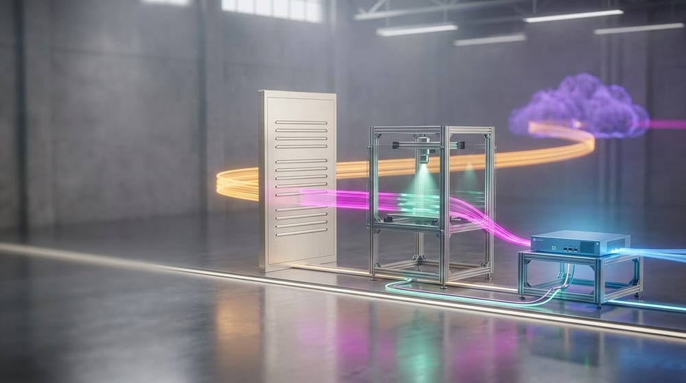 Sırayla dizilmiş üç istasyon: önce ölçütlerin yazıldığı boş panel, sonra ölçümün yapıldığı test düzeneği, en sonda ve en küçük nesne olarak cihazın kendisi.