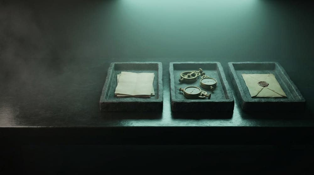 Three shallow stone trays in a row under even teal-green light: the first holding folded blank papers, the second a set of small brass instruments, the third a single wax-sealed envelope.