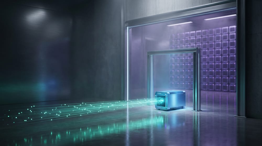 One small appliance standing alone in the doorway where traffic actually enters, with a vast bank of densely stacked mitigation units idle in the hall behind it: position in the path, not capacity, decides which one is working.